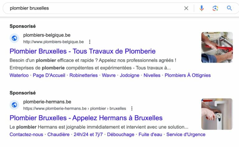 Exemple d'annonces sponsorisées Google avec la requête "plombier bruxelles"